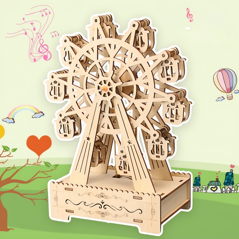 Musical Instrument Park - ตัวต่อไม้ 3 มิติ รูปชิงช้าสวรรค์หมุนได้ ของเล่นสวนสนุก กล่องดนตรี