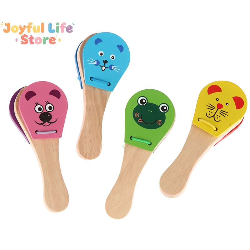 Musical Instruments Cartoon - คาสทาเน็ตไม้ลายการ์ตูนสำหรับเด็ก กระดิ่งห้าเสียง ของเล่นดนตรีแบบมีด้ามจับ ของเล่นเสริมพัฒนาการสำหรับเด็ก