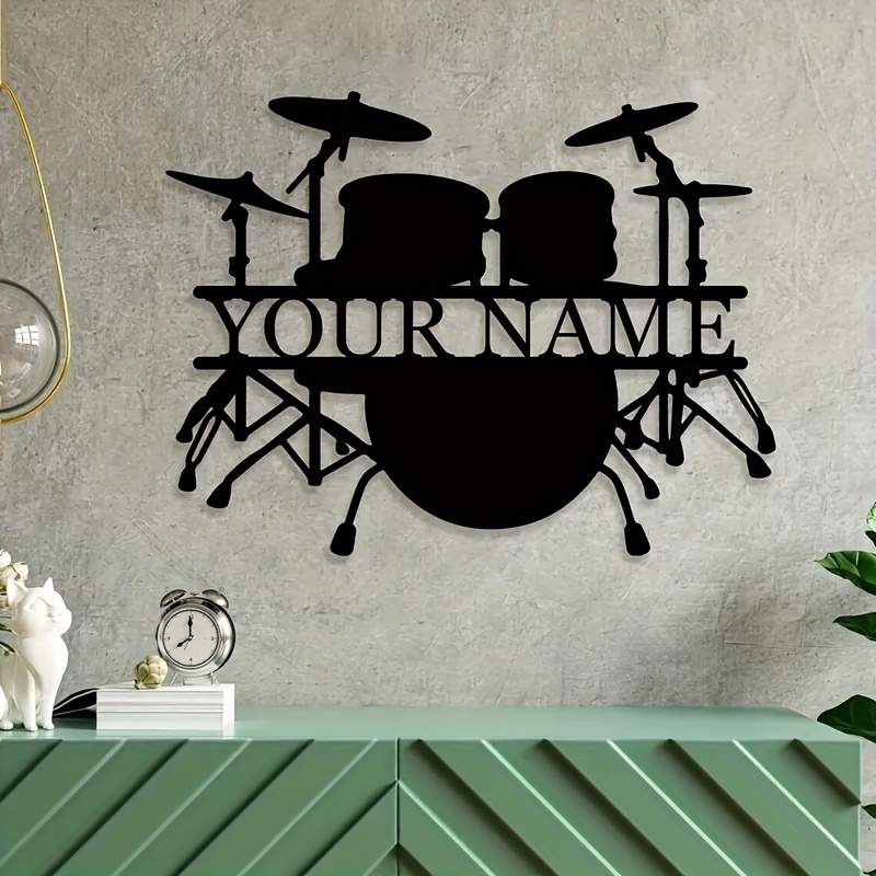 Musical Instrument With Names - ป้ายโลหะติดผนังรูปชุดกลองแบบกำหนดเอง พร้อมชื่อหรือข้อความ รูปเงาเครื่องดนตรีวงร็อค ของขวัญสุดพิเศษสำหรับมือกลองและคนรักดนตรี