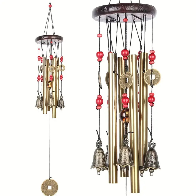 Wind Chime Tubular - กระดิ่งลมจีนโบราณแบบดั้งเดิม 4 ท่อ 5 กระดิ่ง ทำจากทองสัมฤทธิ์